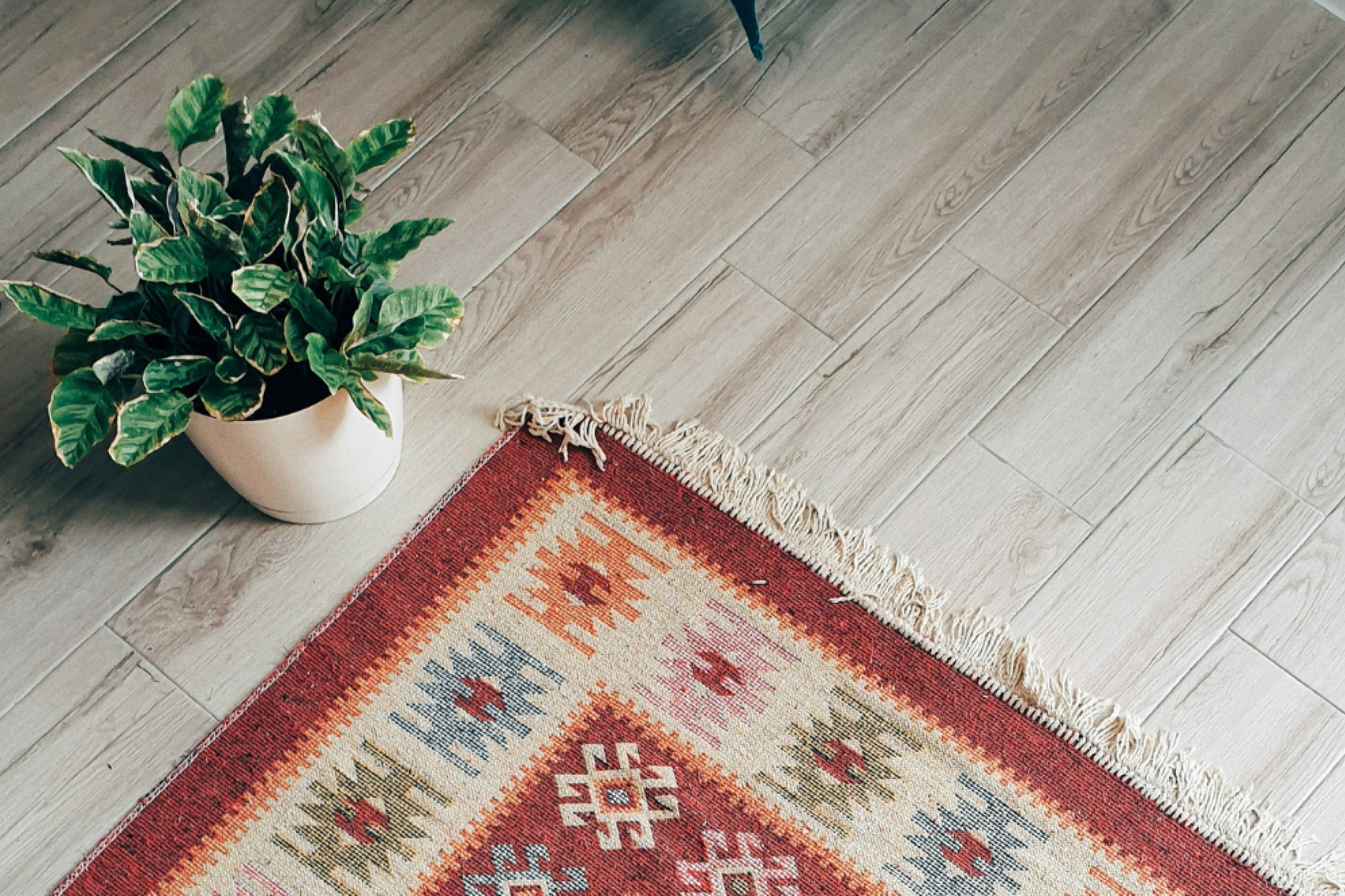 Image advertising INDX National Flooring Show. A triangle of rug features bottom central with aztec patterns in colours of orange, red, beige, blue and green. A plant to upper left of image sit on the floor in a white plantpot and laminate flooring can be seen to the background.